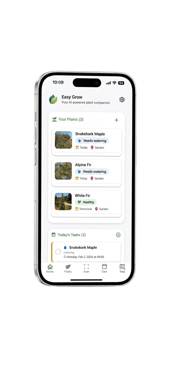 Easy Grow app home screen showing a plant collection with care schedules and AI advice