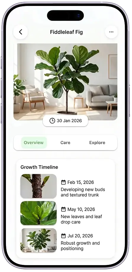Easy Grow Growth Journal showing a fiddle-leaf fig's progress photos and care notes over time